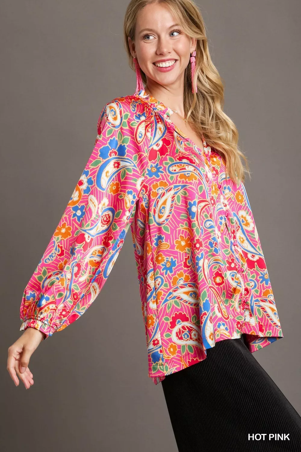 Full Size Satin Paisley Ruffle Neck Button-Up Shirt Plus Size, image 3