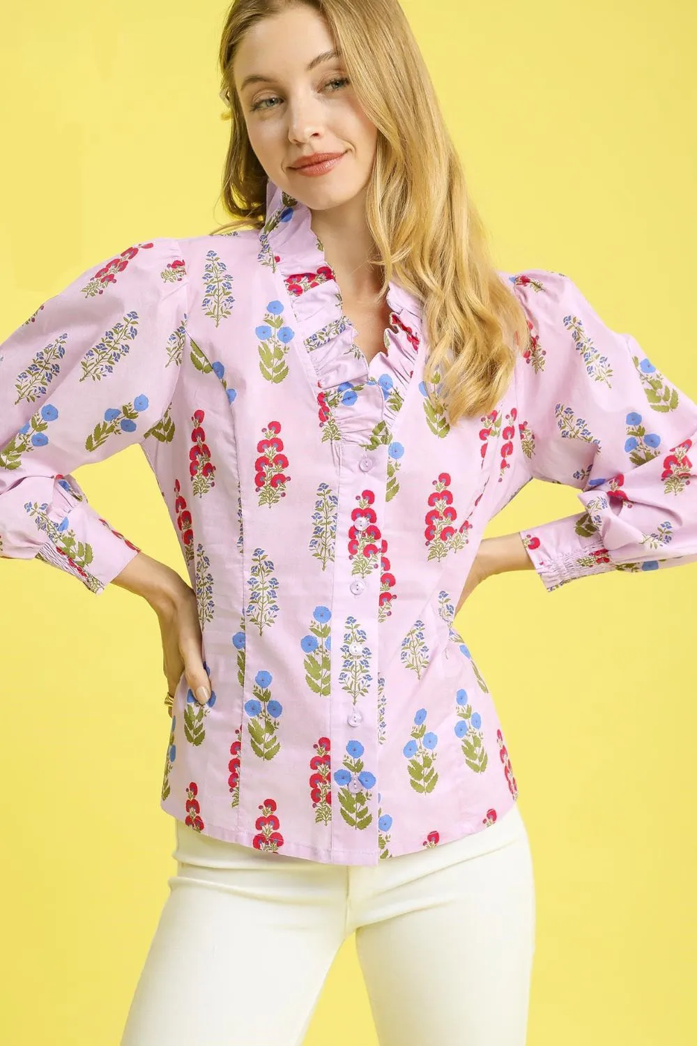 Floral Print Lantern Sleeve Button Down Shirt, image 2