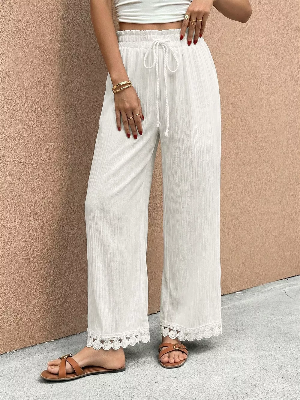Lace Trim Wide Leg Pants, image 4