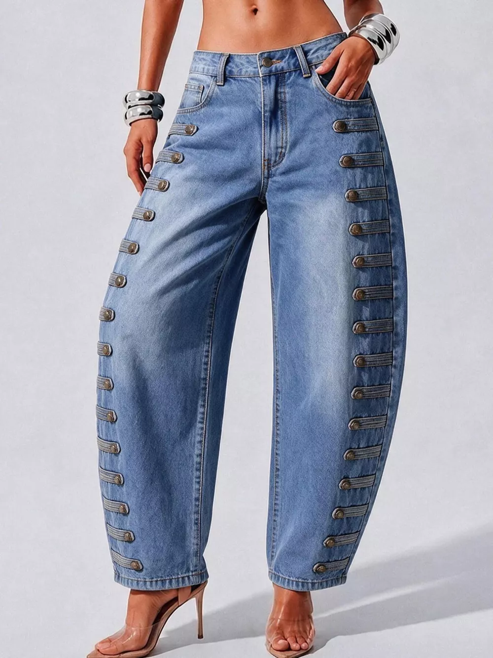Decorative Button Wide Leg Jeans, image 23