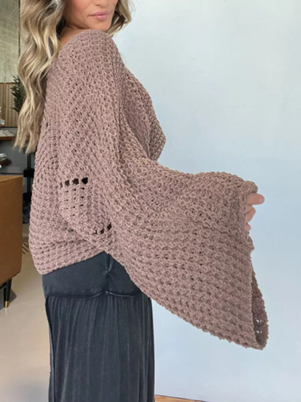 Openwork Batwing Sleeve Sweater, image 10