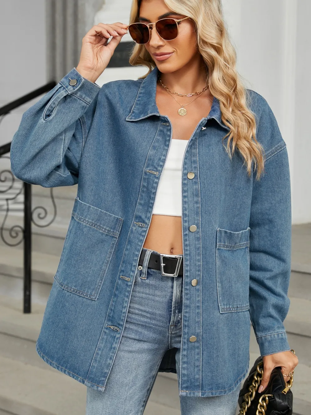 Removable Hood Button Up Long Sleeve Denim Jacket, image 6