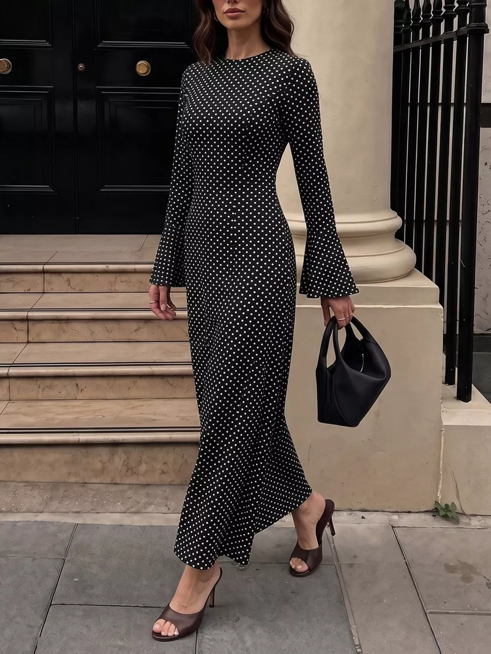 Polka Dot Flare Sleeve Maxi Dress, image 2