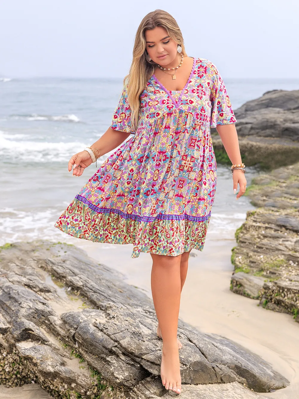Plus Size Lace Detail Printed Half Sleeve Dress, image 8