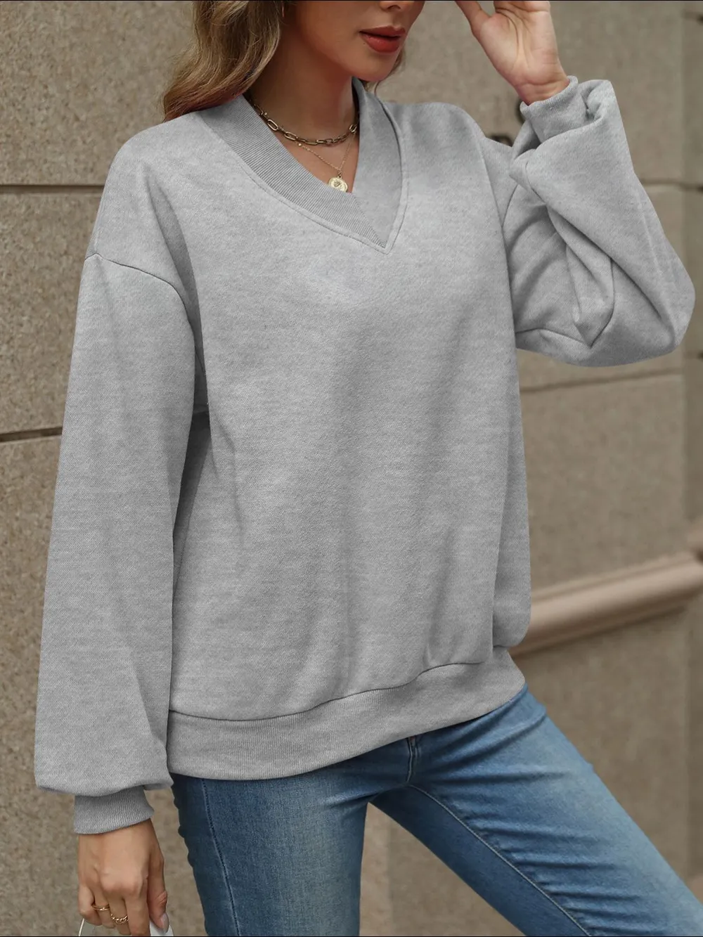 V-Neck Long Sleeve Dropped Shoulder Sweatshirt, image 11