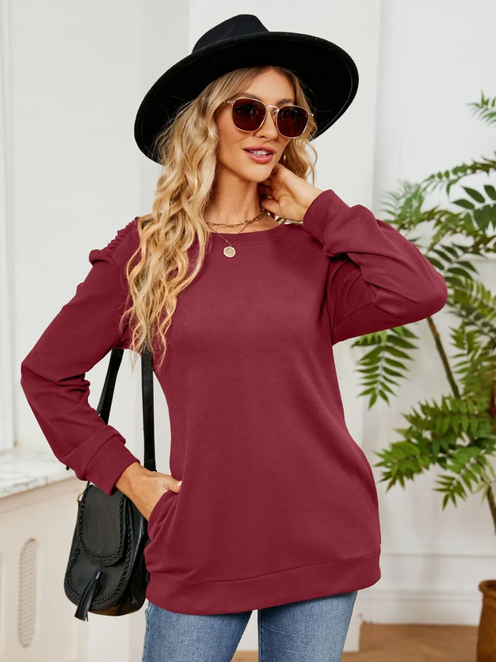 Ruched Shoulder Round Neck Long Sleeve Sweatshirt, image 2