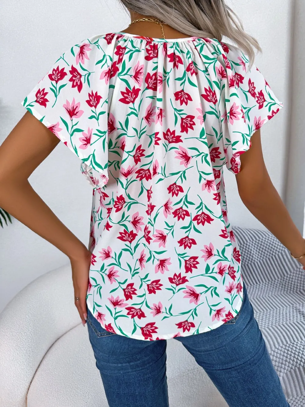 Floral Tie Neck Flutter Sleeve Blouse, image 17