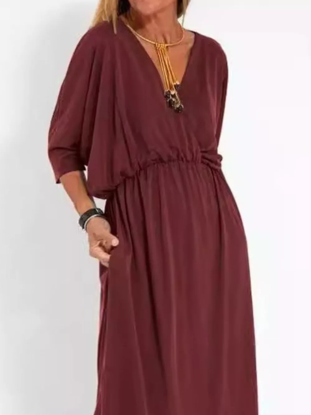 Full Size V-Neck Batwing Sleeve Maxi Dress with Side Slits Plus Size, image 10