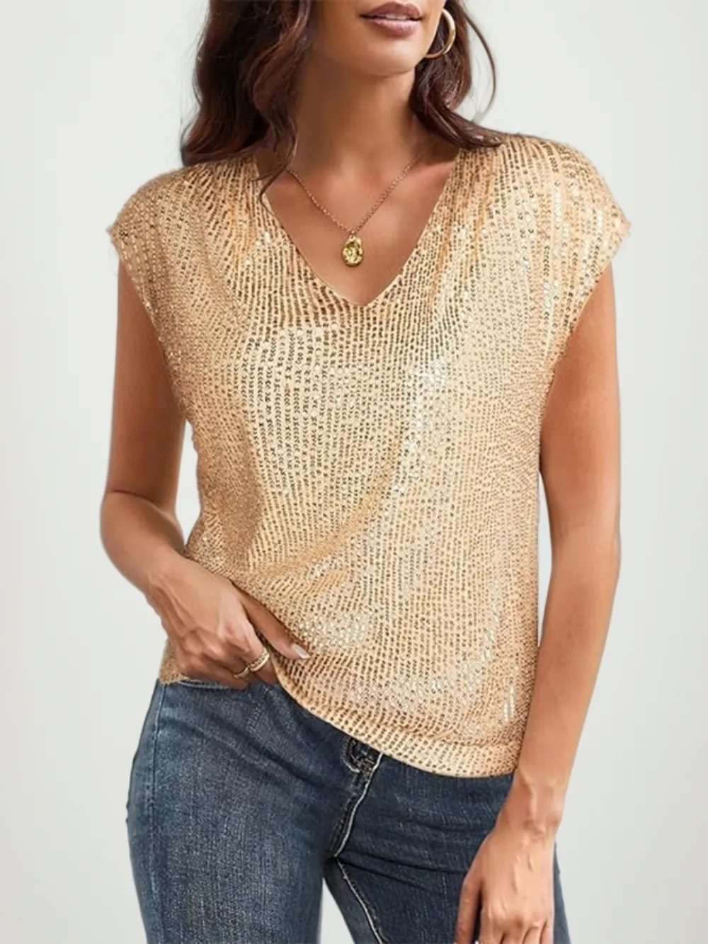 V-Neck Sequin Cap Sleeve Top, image 15