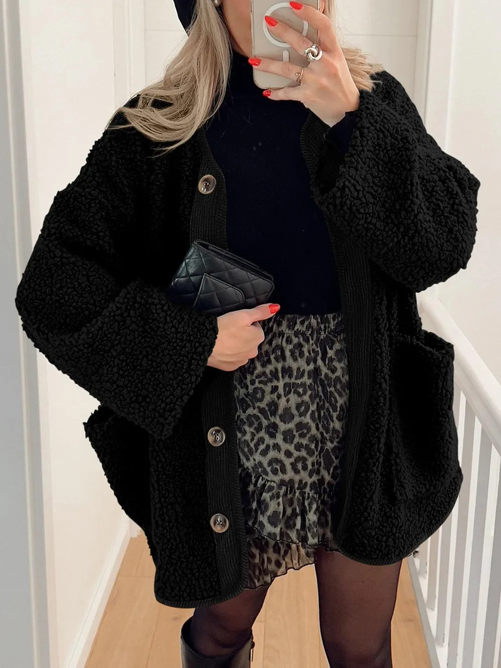 Contrast Button Up Sherpa Jacket with Pockets, image 25