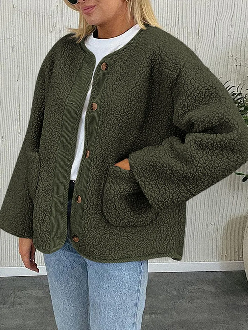 Contrast Button Up Sherpa Jacket with Pockets, image 9