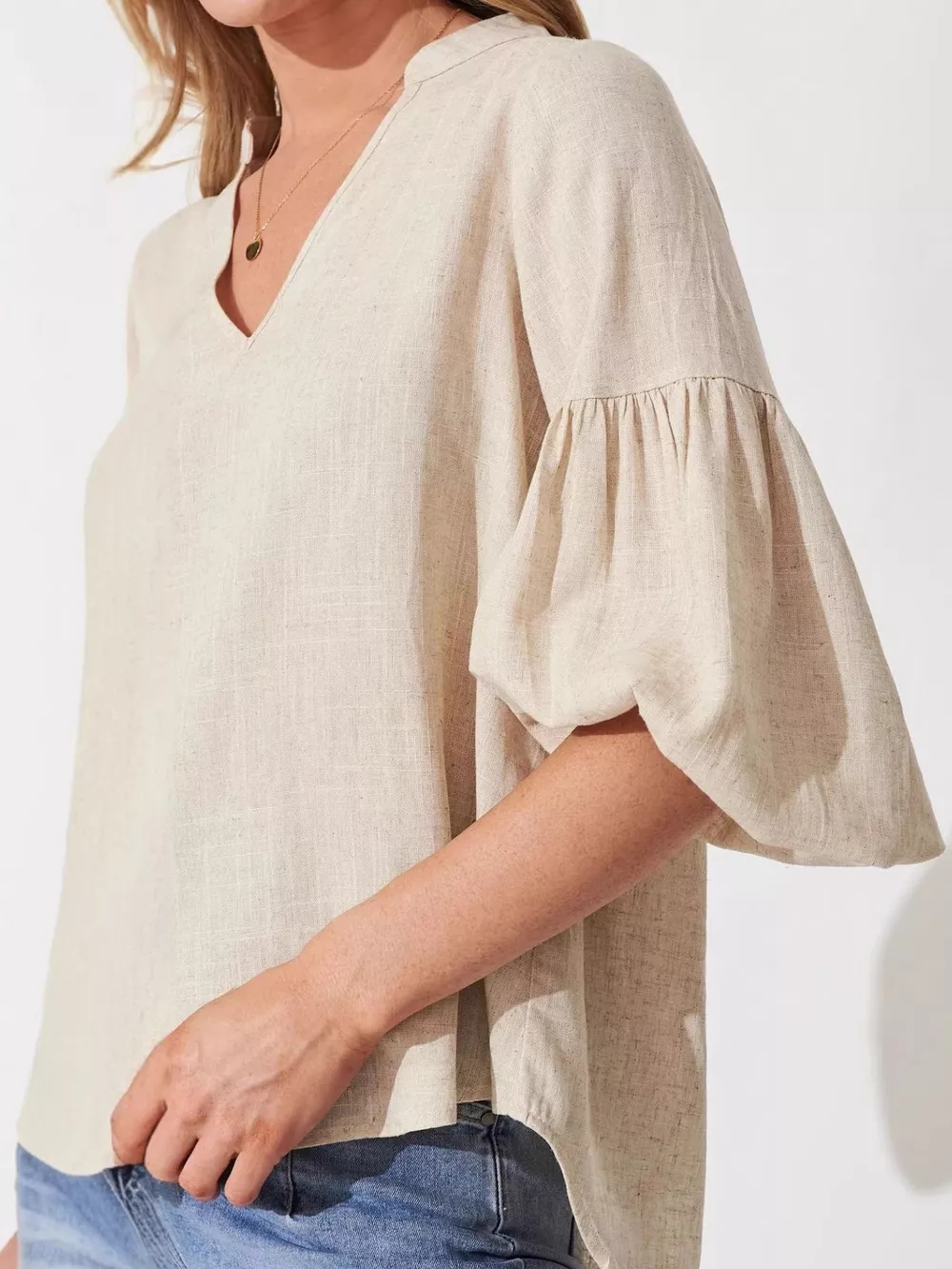 Notched Balloon Sleeve Blouse, image 2