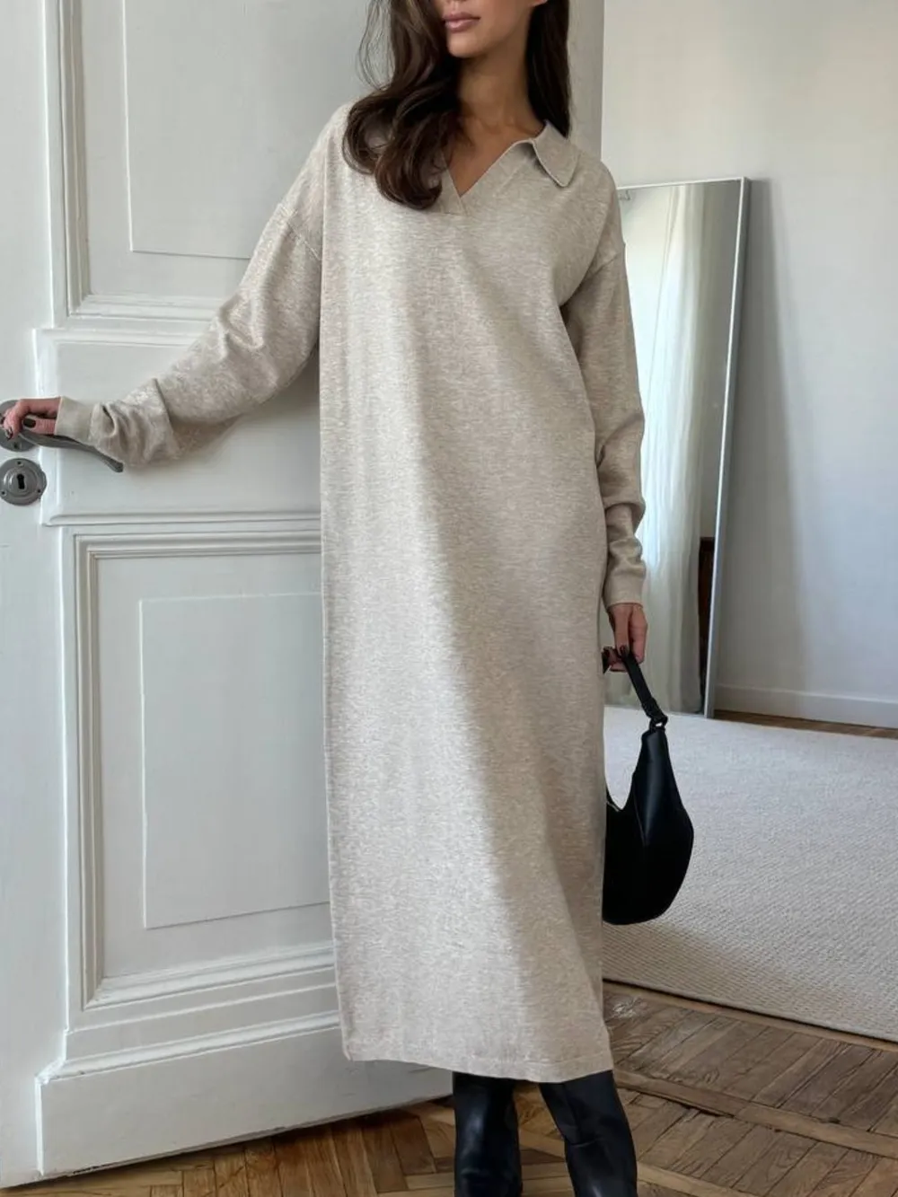 Long Sleeve Collared Neck Knit Dress, image 11