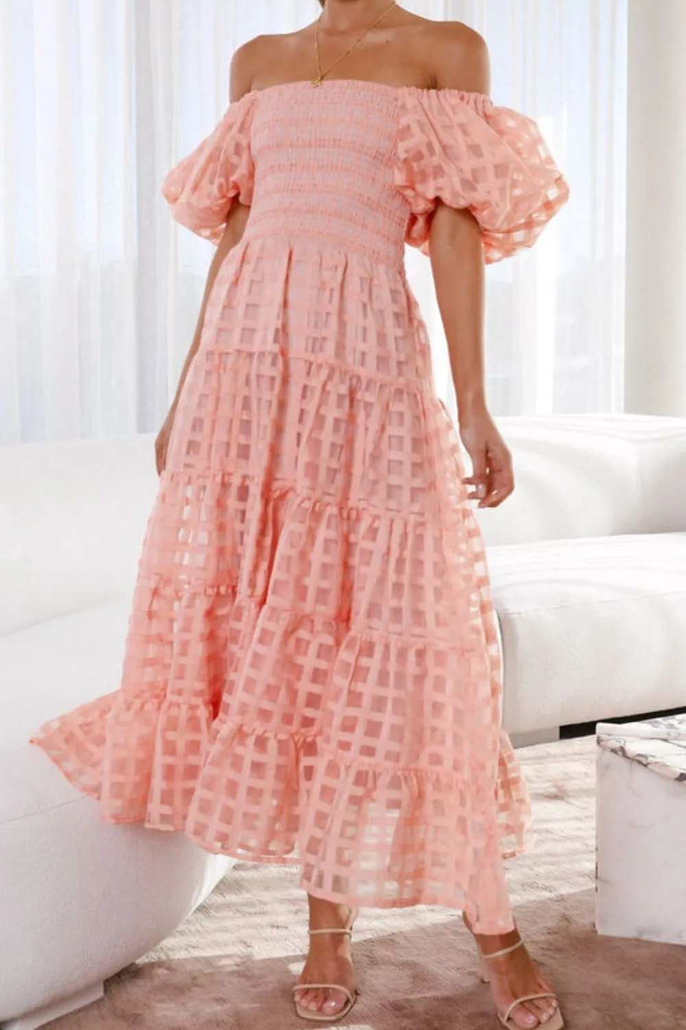 Off Shoulder Short Puff Sleeve Midi Dress, image 29