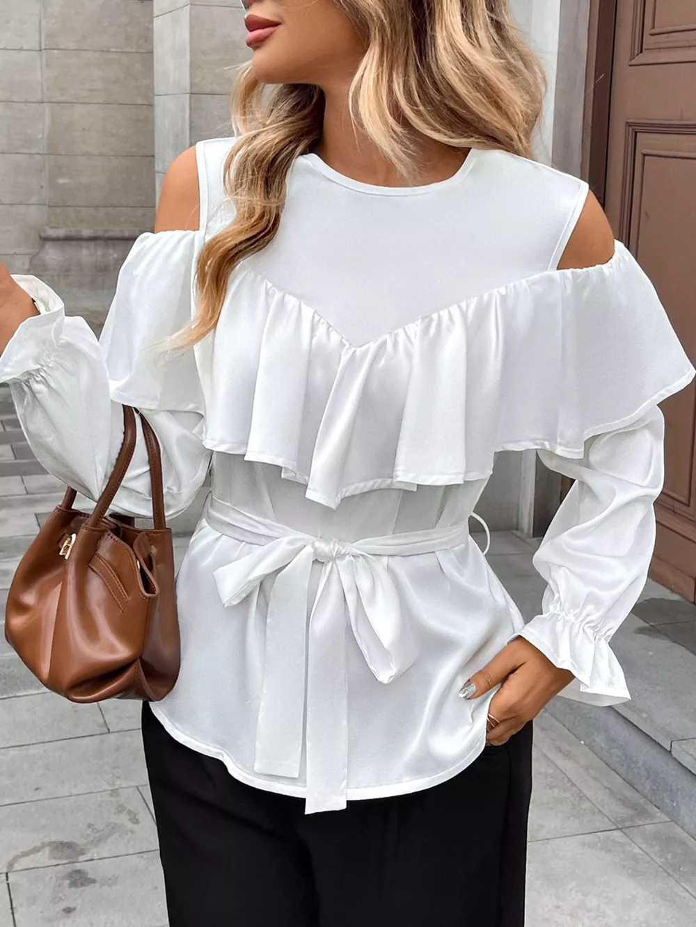 Ruffled Cold Shoulder Flounce Sleeve Blouse, image 4