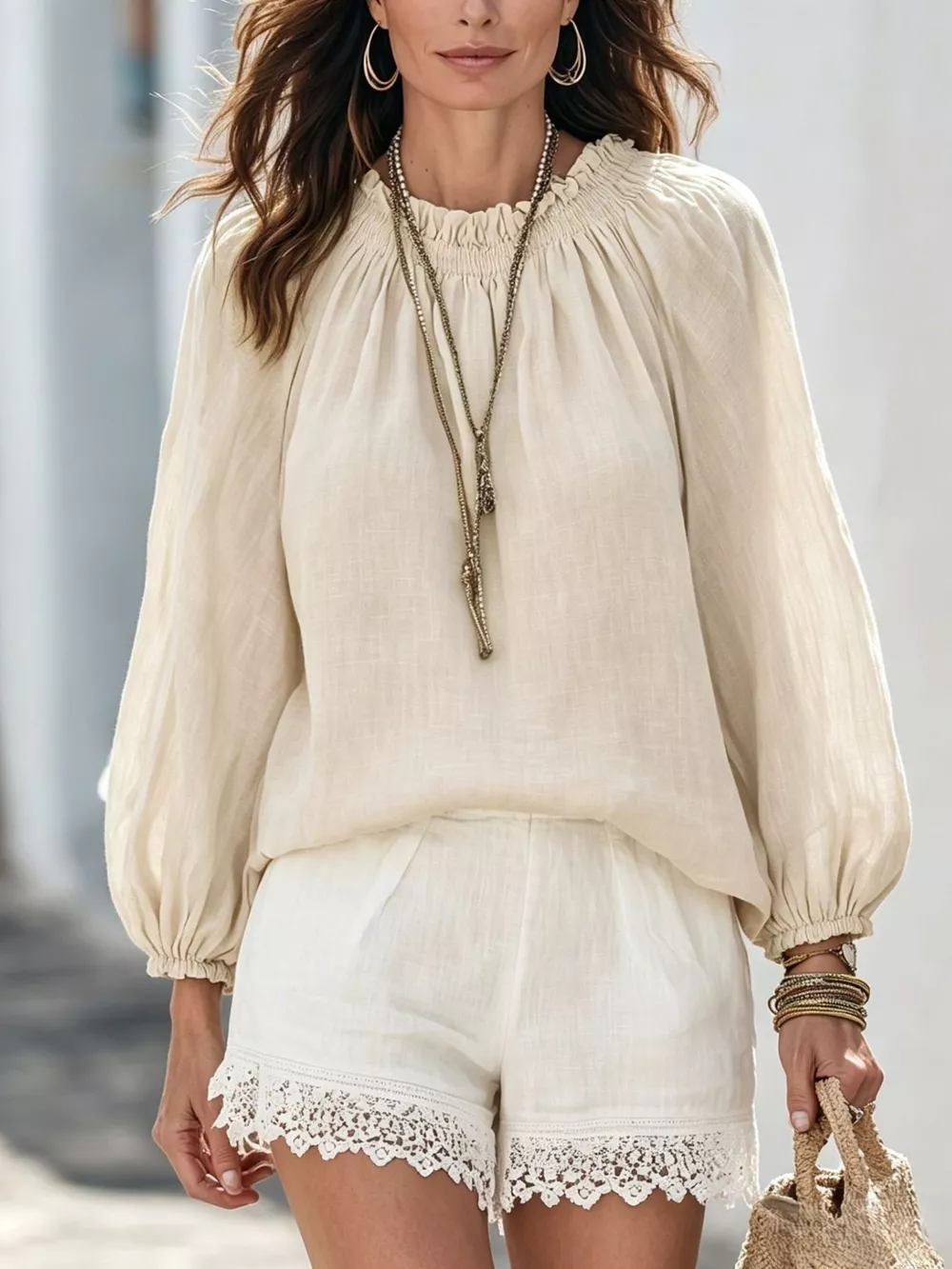 Round Neck Balloon Sleeve Blouse, image 5