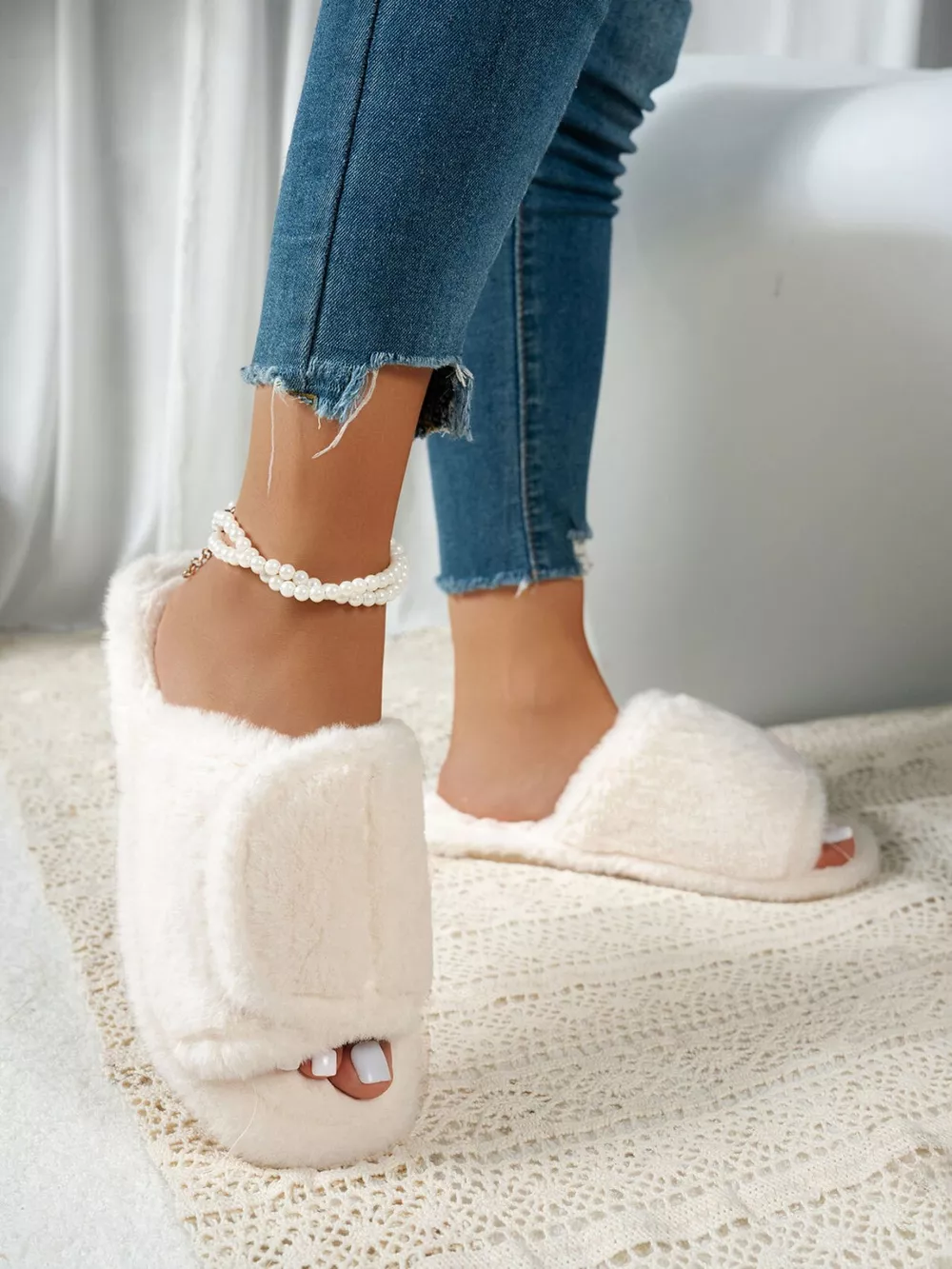 Fuzzy Open Toe Flats Slippers, image 3