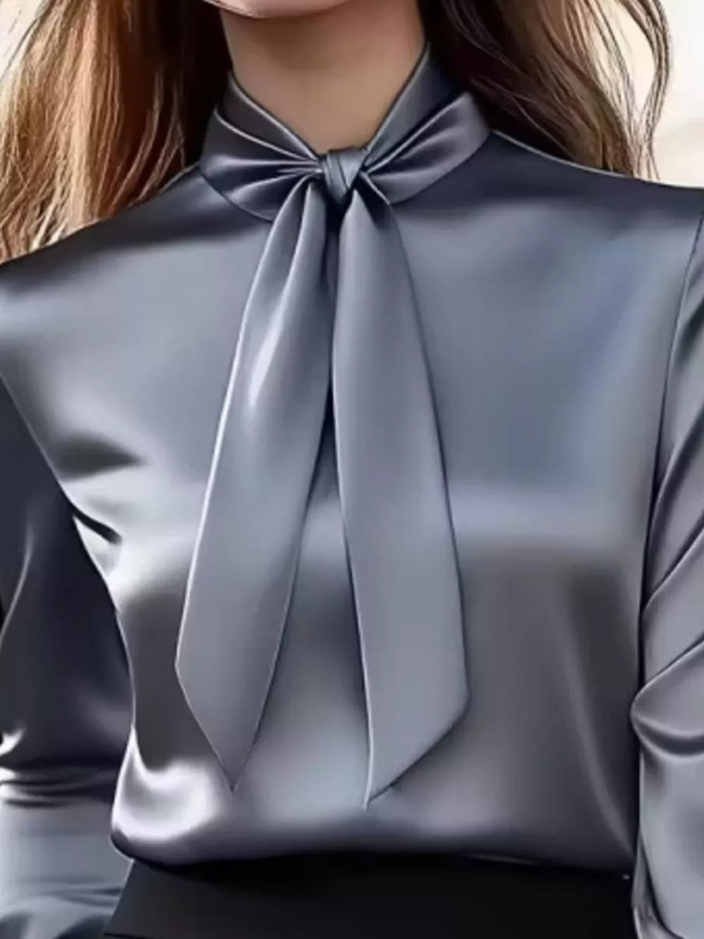 Satin Bow Tie Long Sleeve Blouse, image 4