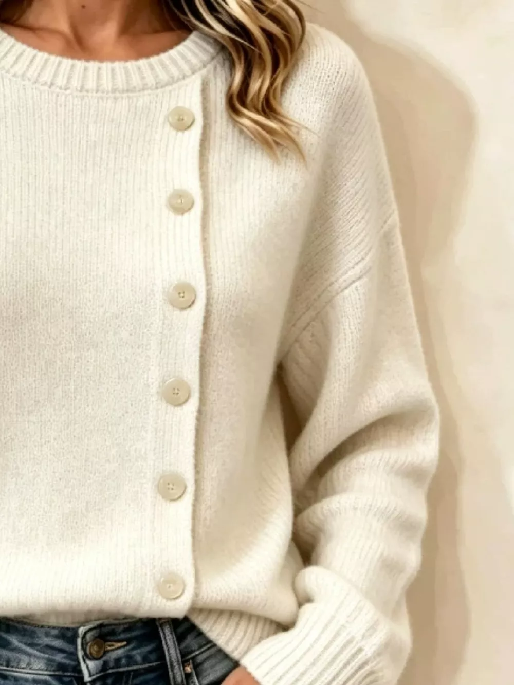 Decorative Button Dropped Shoulder Sweater, image 4