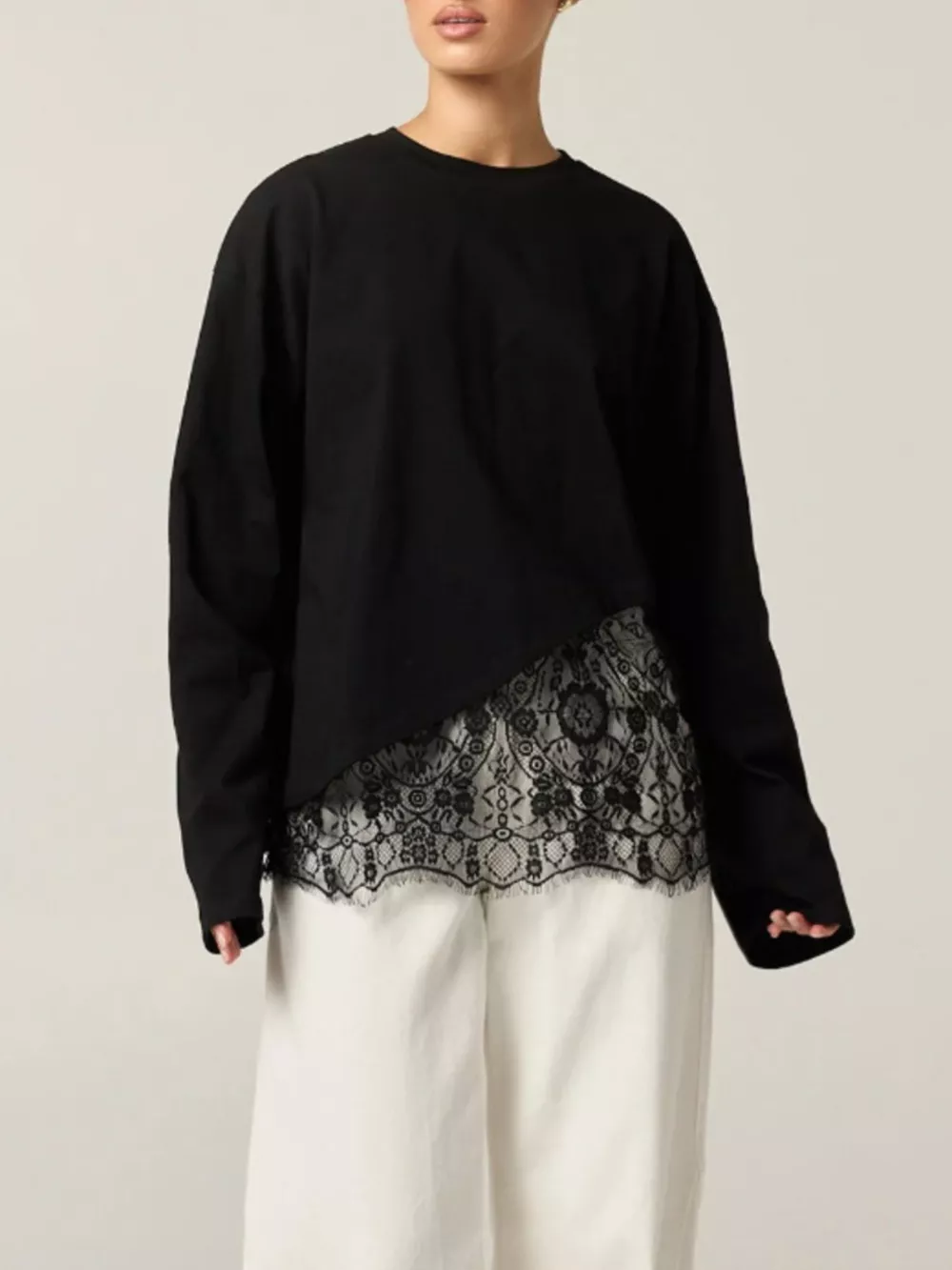 Long-Sleeve T-Shirt with Asymmetric Lace Hem, image 10