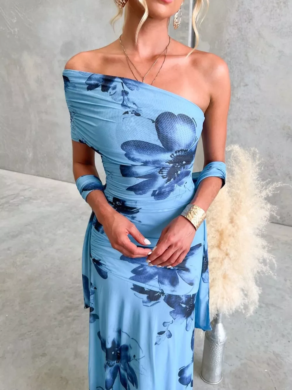 Floral Print One-Shoulder Ruched Maxi Dress, image 5