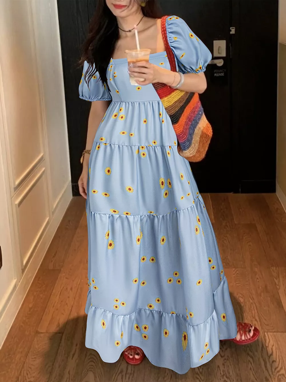 Daisy Print Puff Sleeve Tiered Maxi Dress