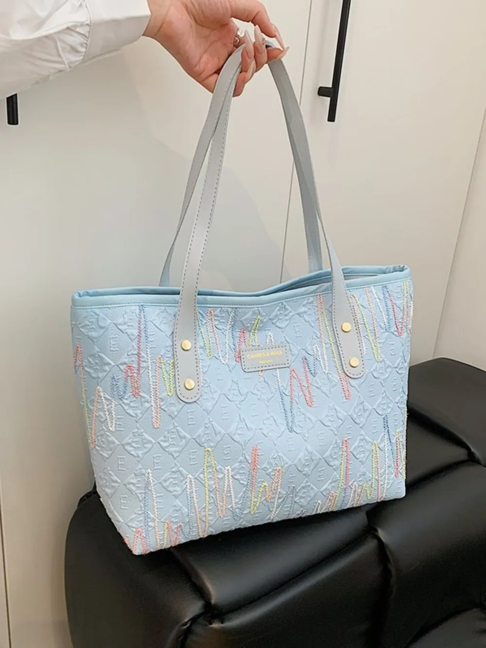Contrast PU Leather Tote Bag, image 7