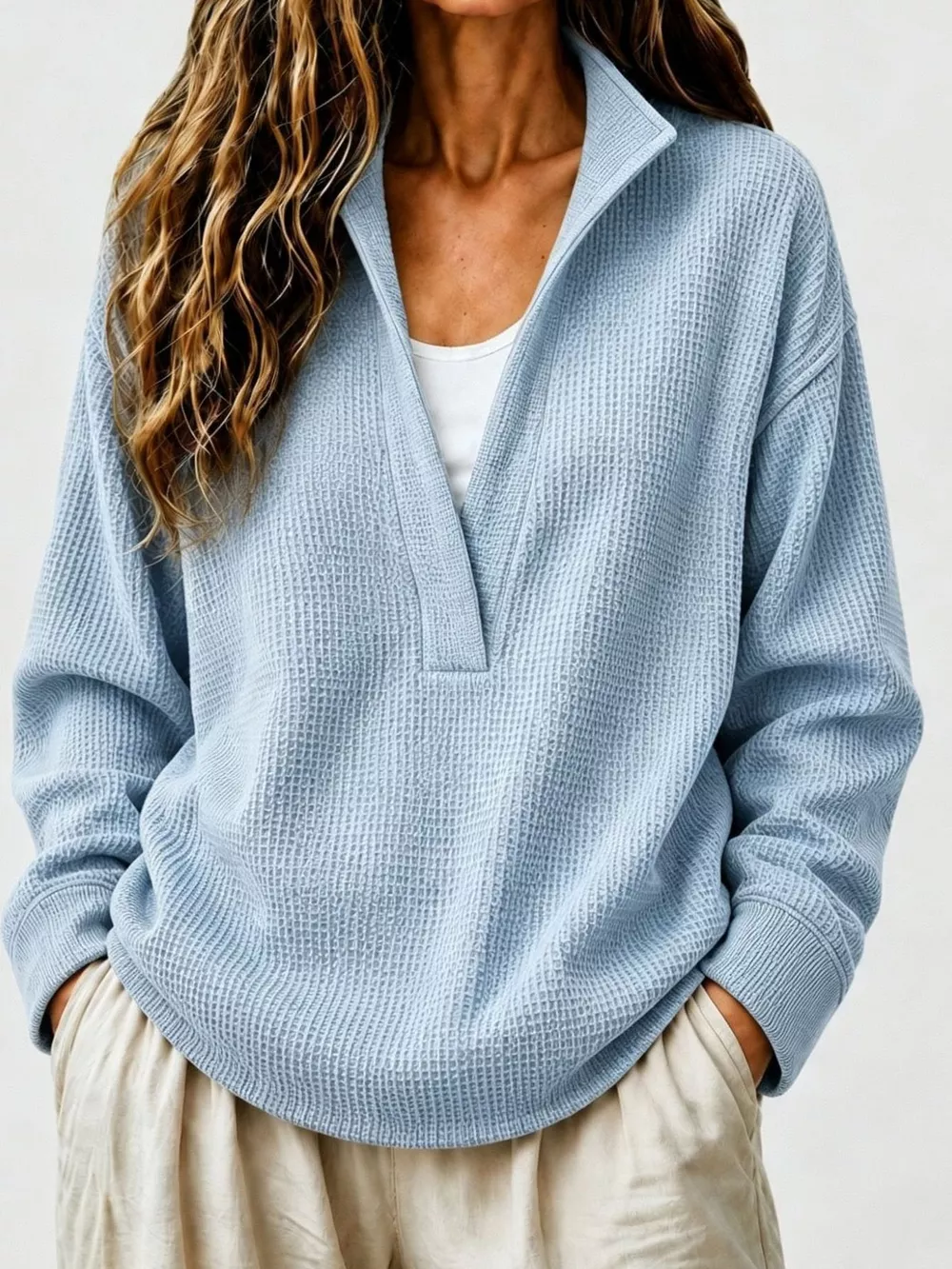Full Size Waffle Knit Dropped Shoulder Sweatshirt Plus Size, image 14