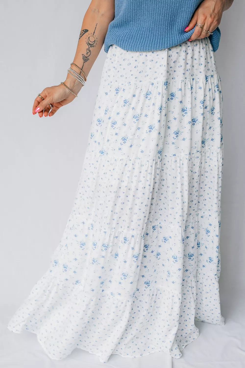 High Waist Tiny Floral Print Boho Maxi Skirt, image 4