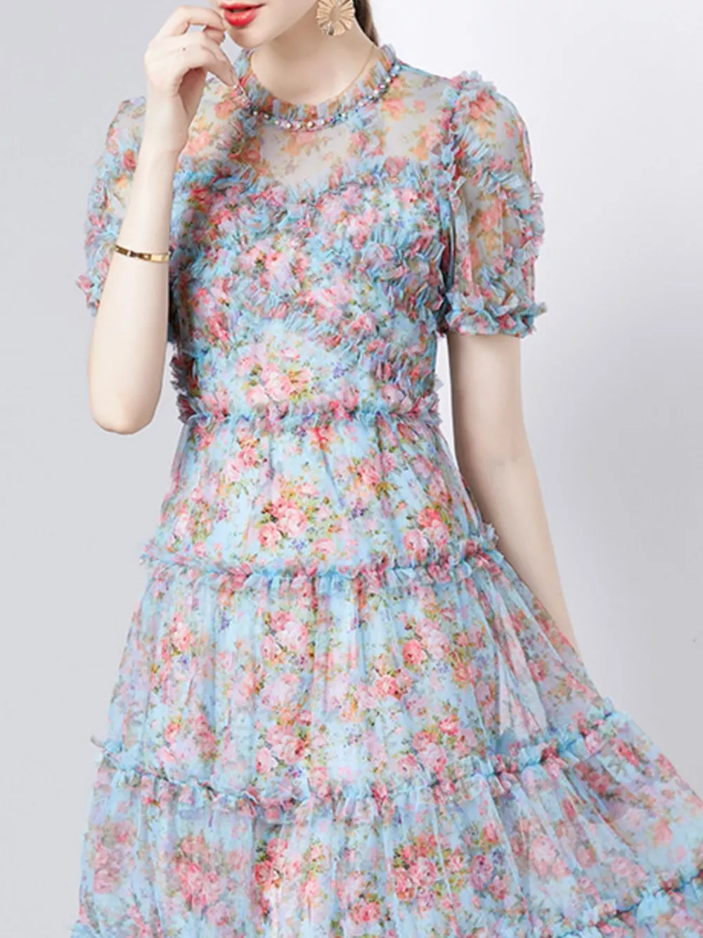Frill Floral Print Short Sleeve Dress, image 2