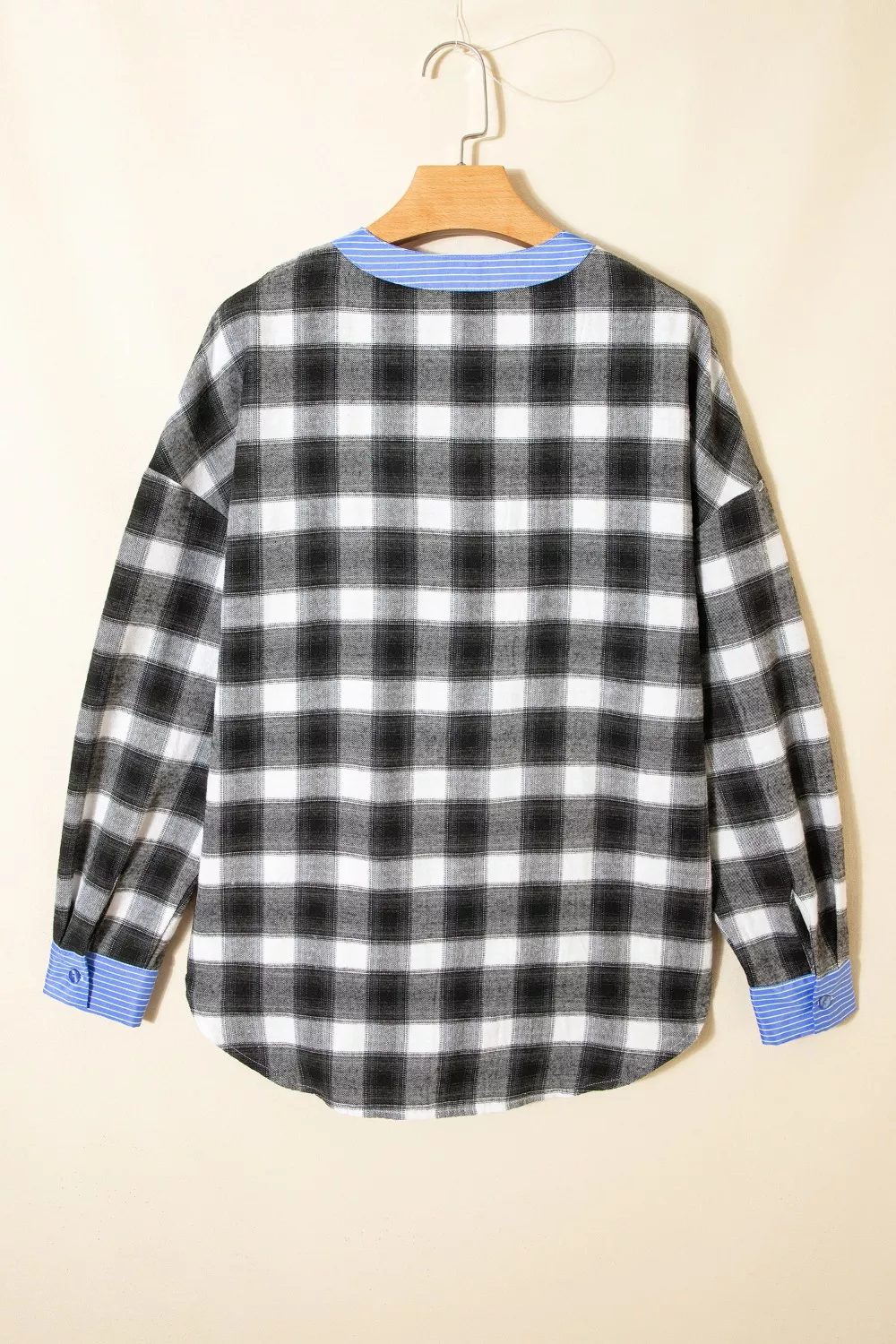 Contrast Striped Edge Half Placket Plaid Blouse, image 9