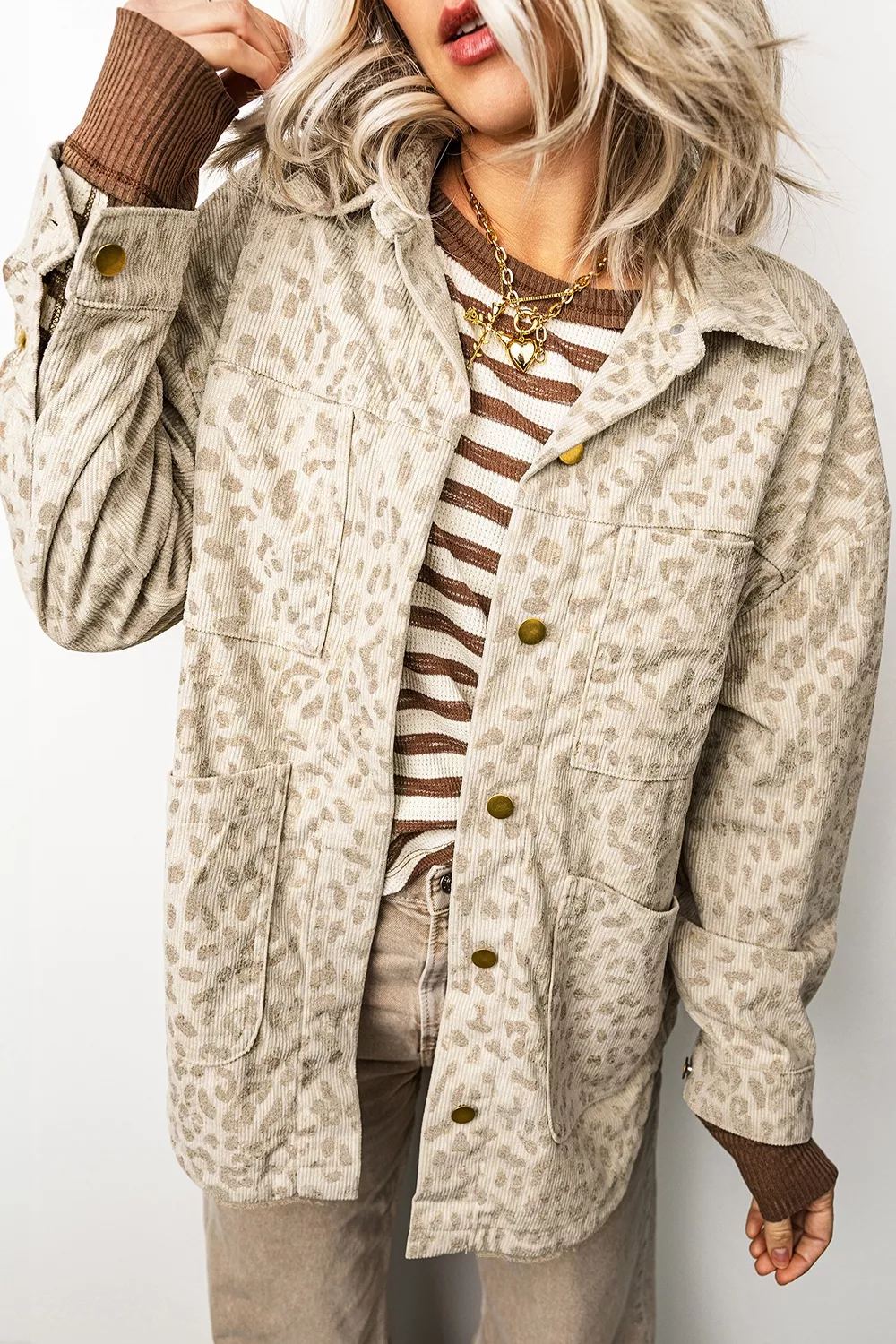 Leopard Print Corduroy Shirt Collar Long Sleeve Regular Fit Jacket, image 7