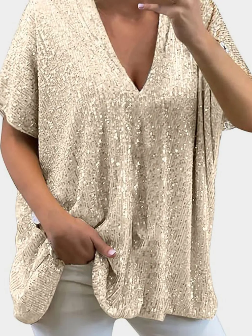 Full Size Sequin V-Neck Short Sleeve Top, image 22