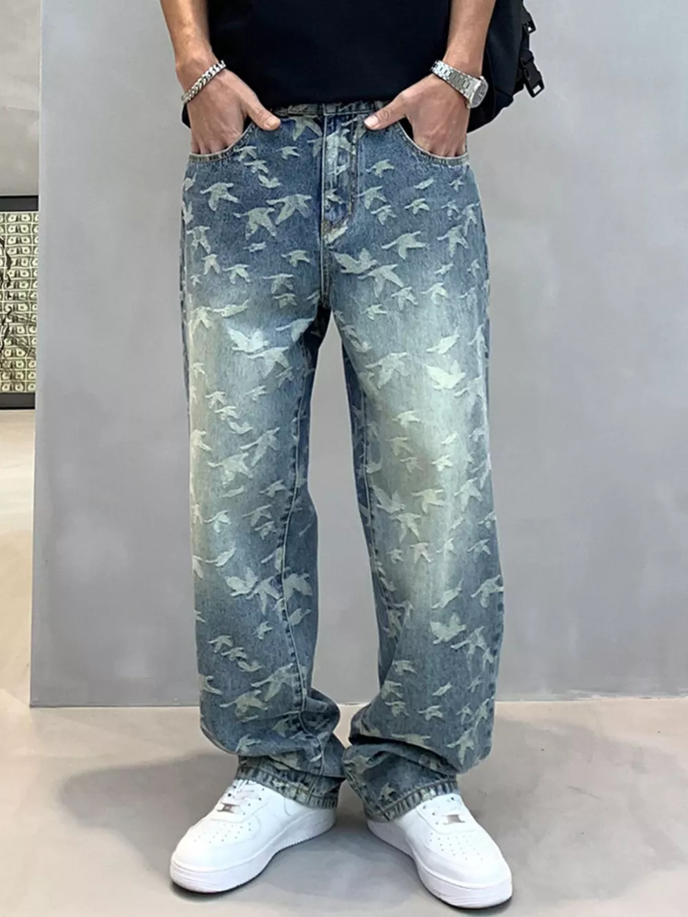 Men's Vintage Bird Print Loose Fit Jeans, image 2