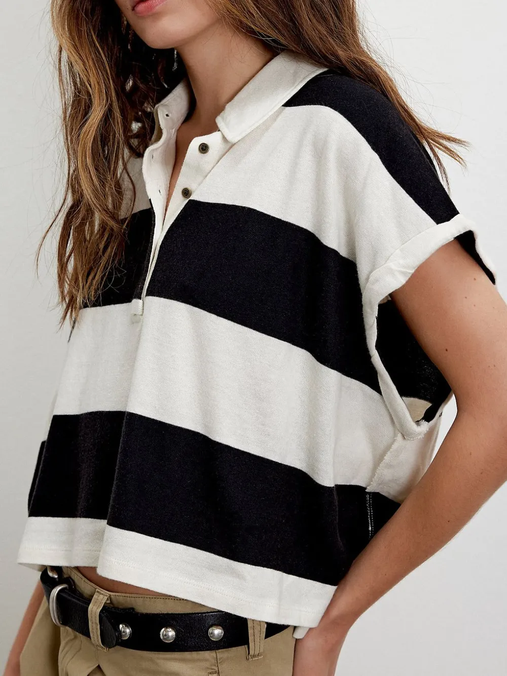 Striped Collared Neck Short Sleeve Top, image 12