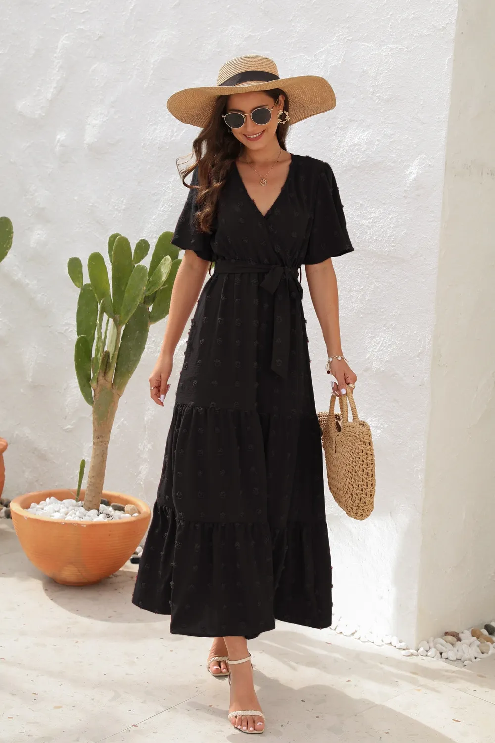 Swiss Dot Tied Surplice Short Sleeve Dress, image 5