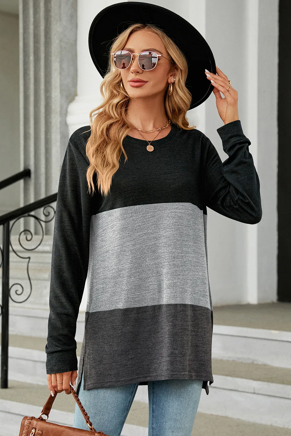 Color Block Round Neck Long Sleeve T-Shirt, image 5