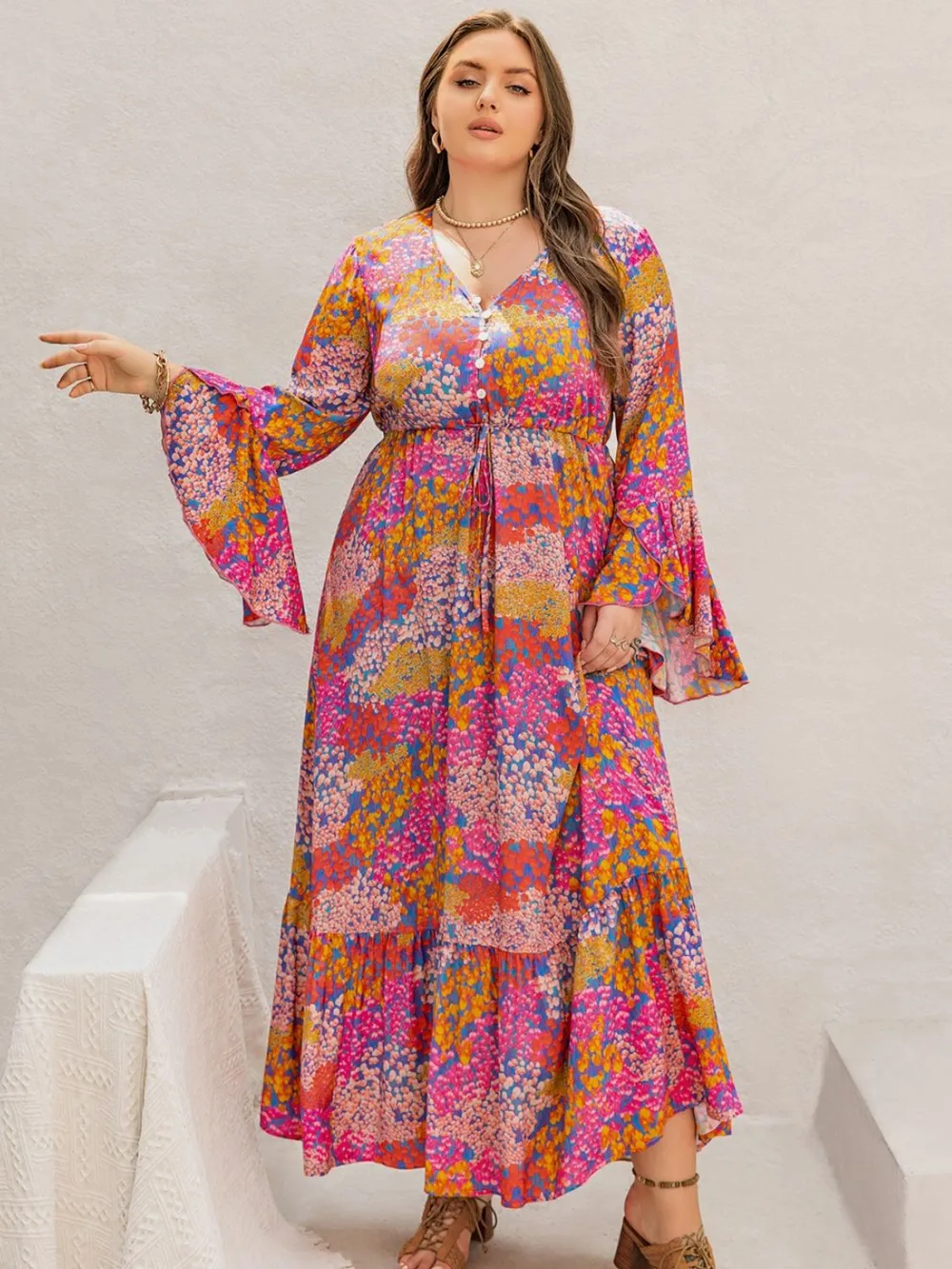 Plus Size Printed V-Neck Long Sleeve Maxi Dress, image 11