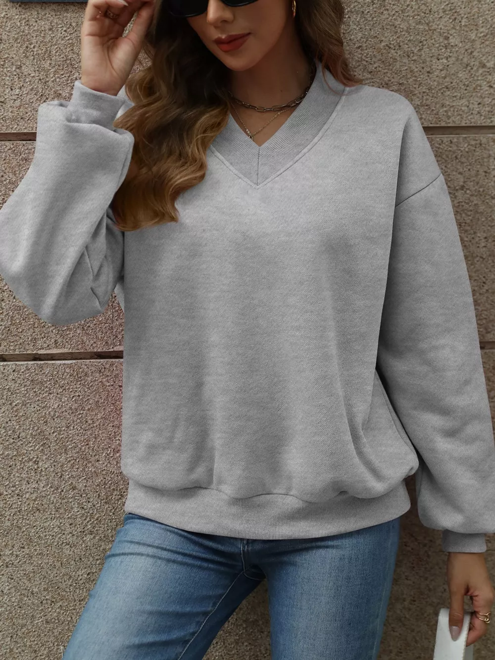 V-Neck Solid Color Casual Sweatshirt, image 31