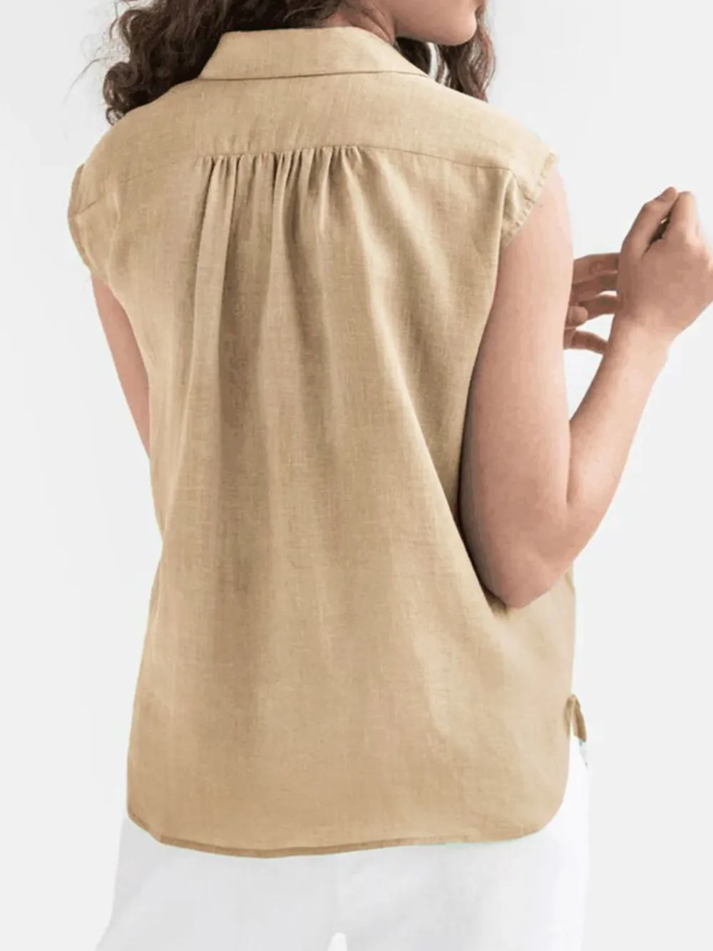 Button Up Collared Neck Cap Sleeve Shirt, image 3