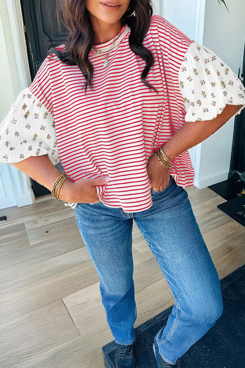 Stripe Floral Puff Sleeve Patchwork Round Neck Loose Top, image 2