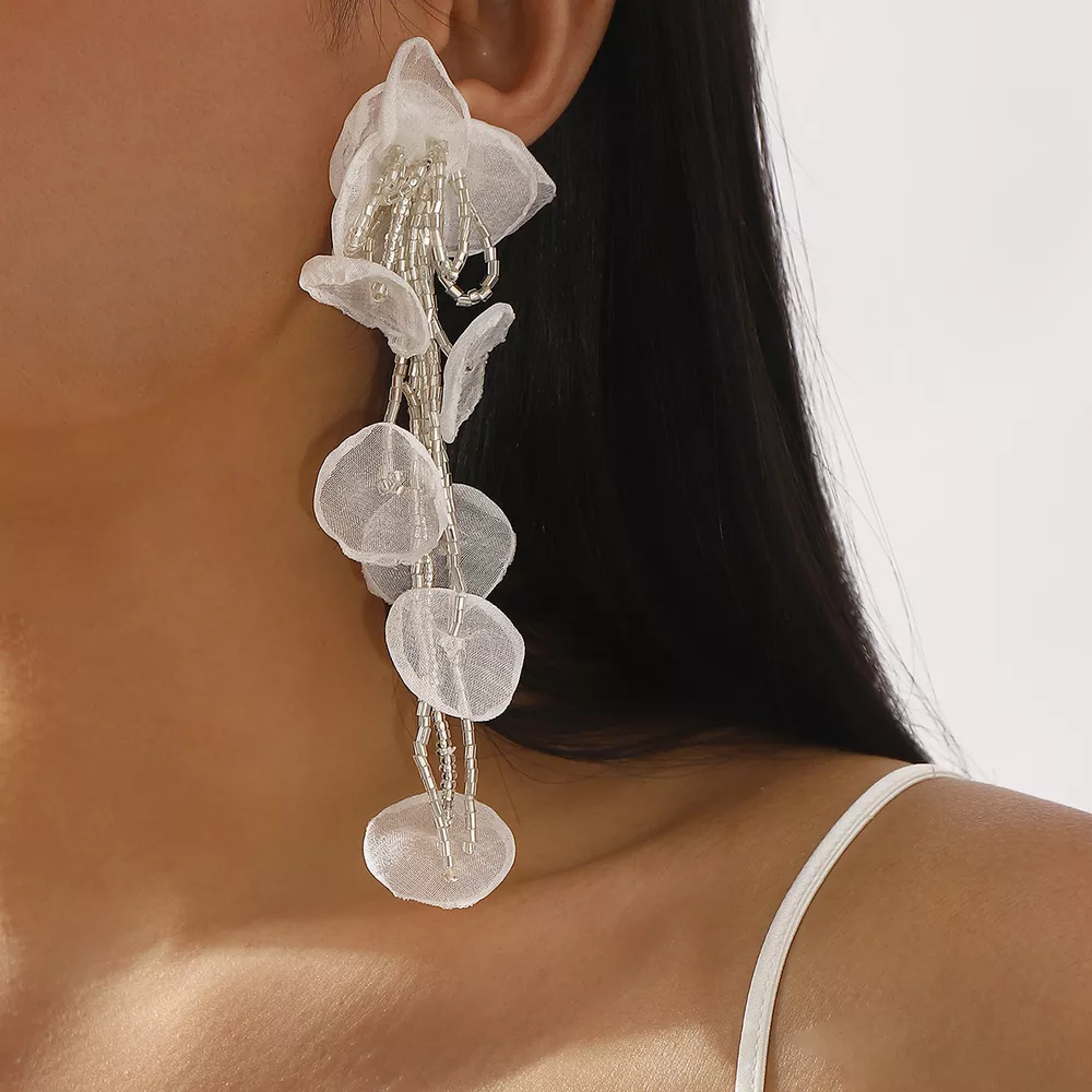 Floral Petal Beaded Tassel Drop Earrings, image 7