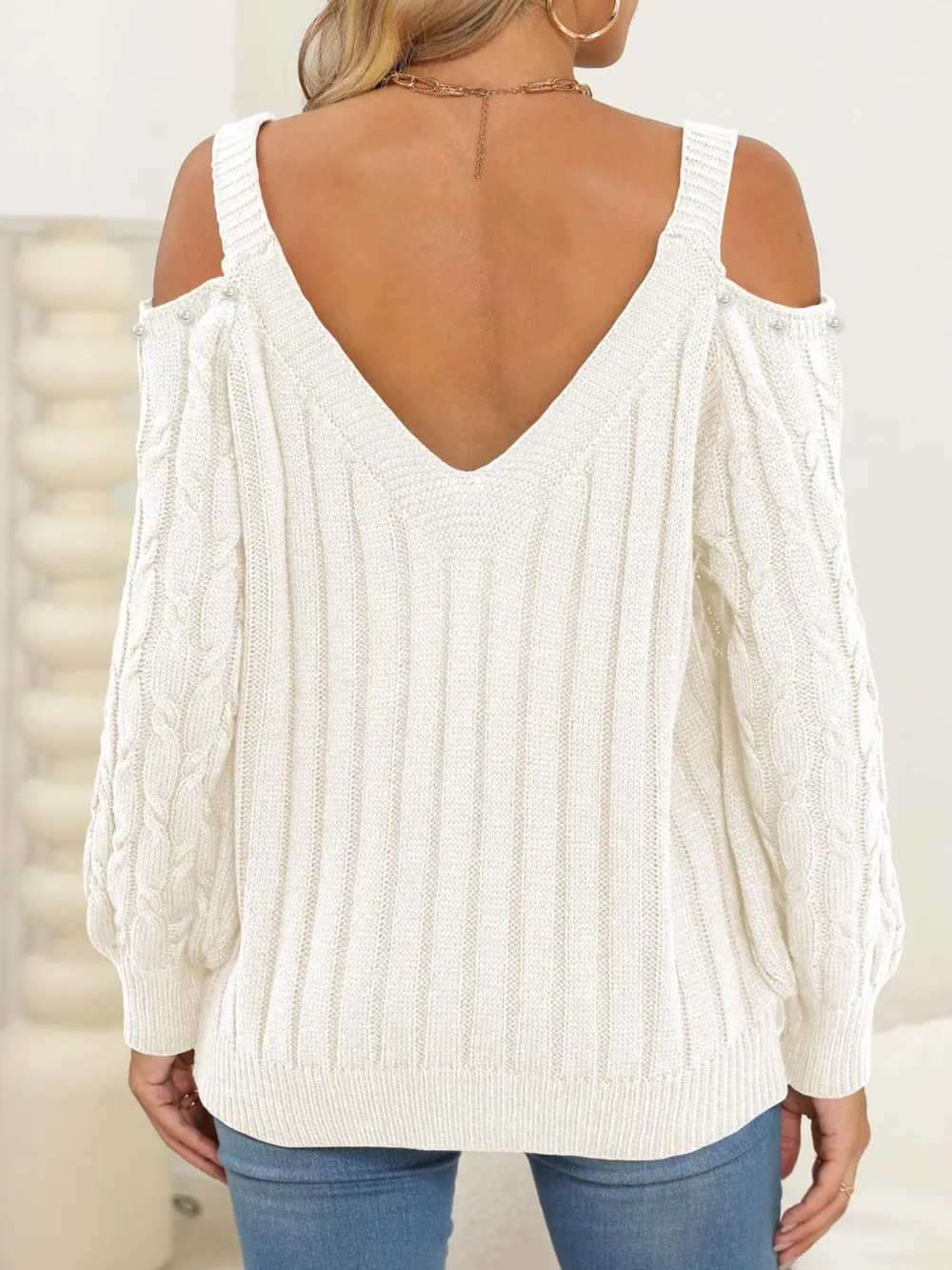 Cable-Knit Cold Shoulder Sweater, image 5