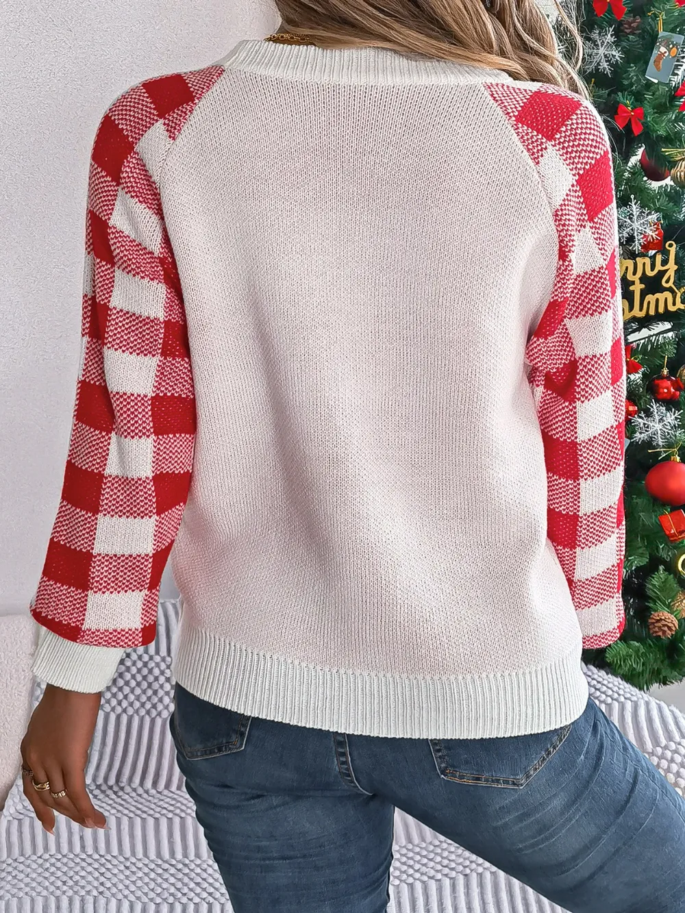Reindeer Plaid Round Neck Long Sleeve Sweater, image 4