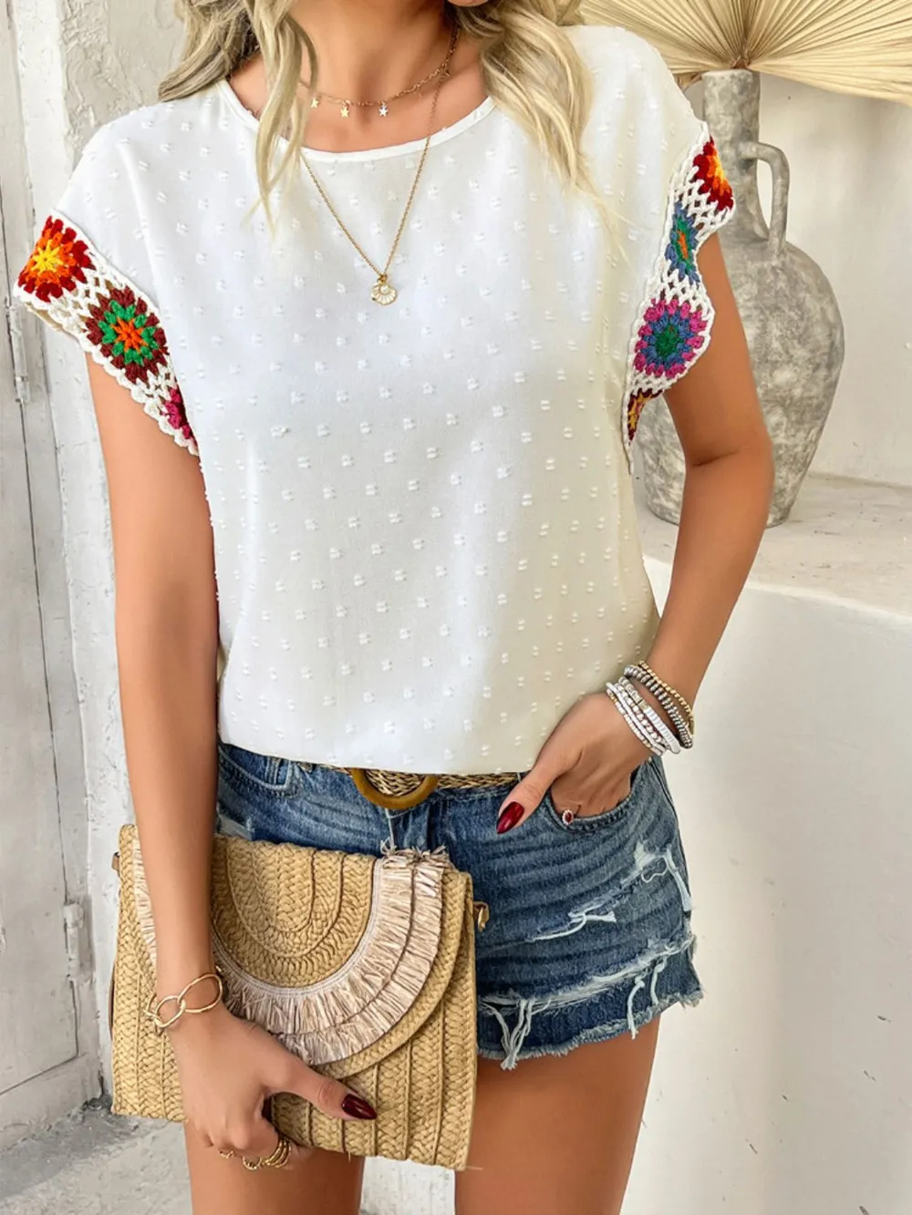 Swiss Dot Round Neck Crochet Short Sleeve Top, image 3