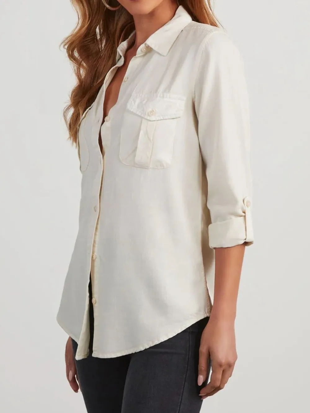 Collared Neck Roll-Tab Sleeve Denim Top, image 12