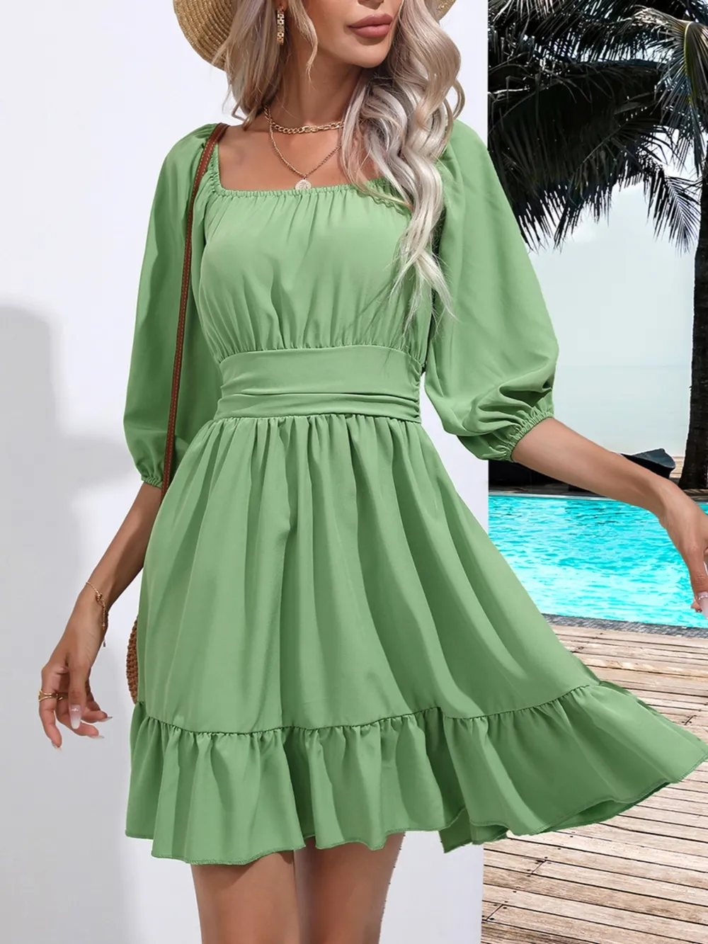 Tie Back Ruffled Hem Square Neck Dress, image 12
