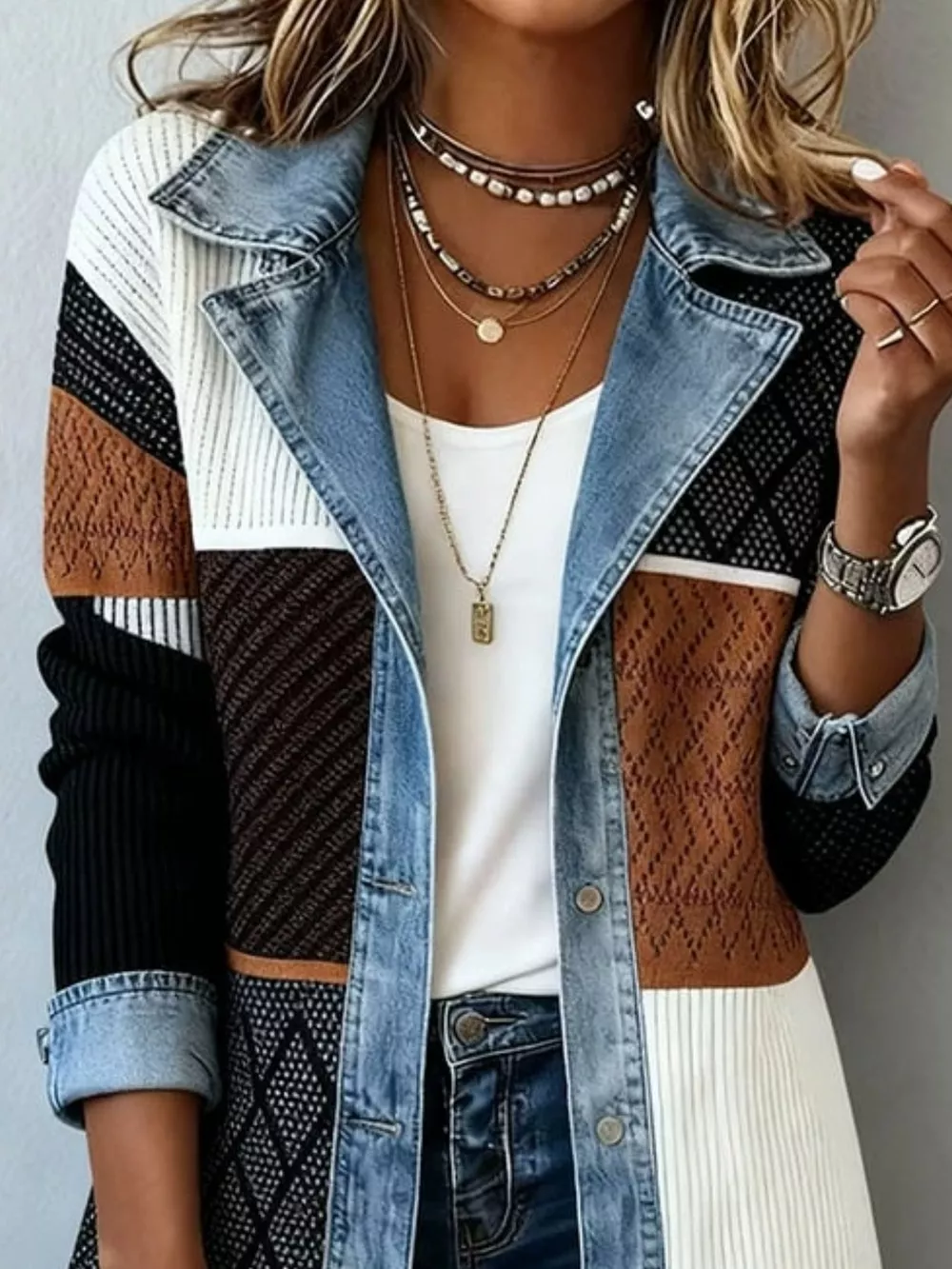Full Size Denim Trim Ribbed Knit Jacket Plus Size, image 10
