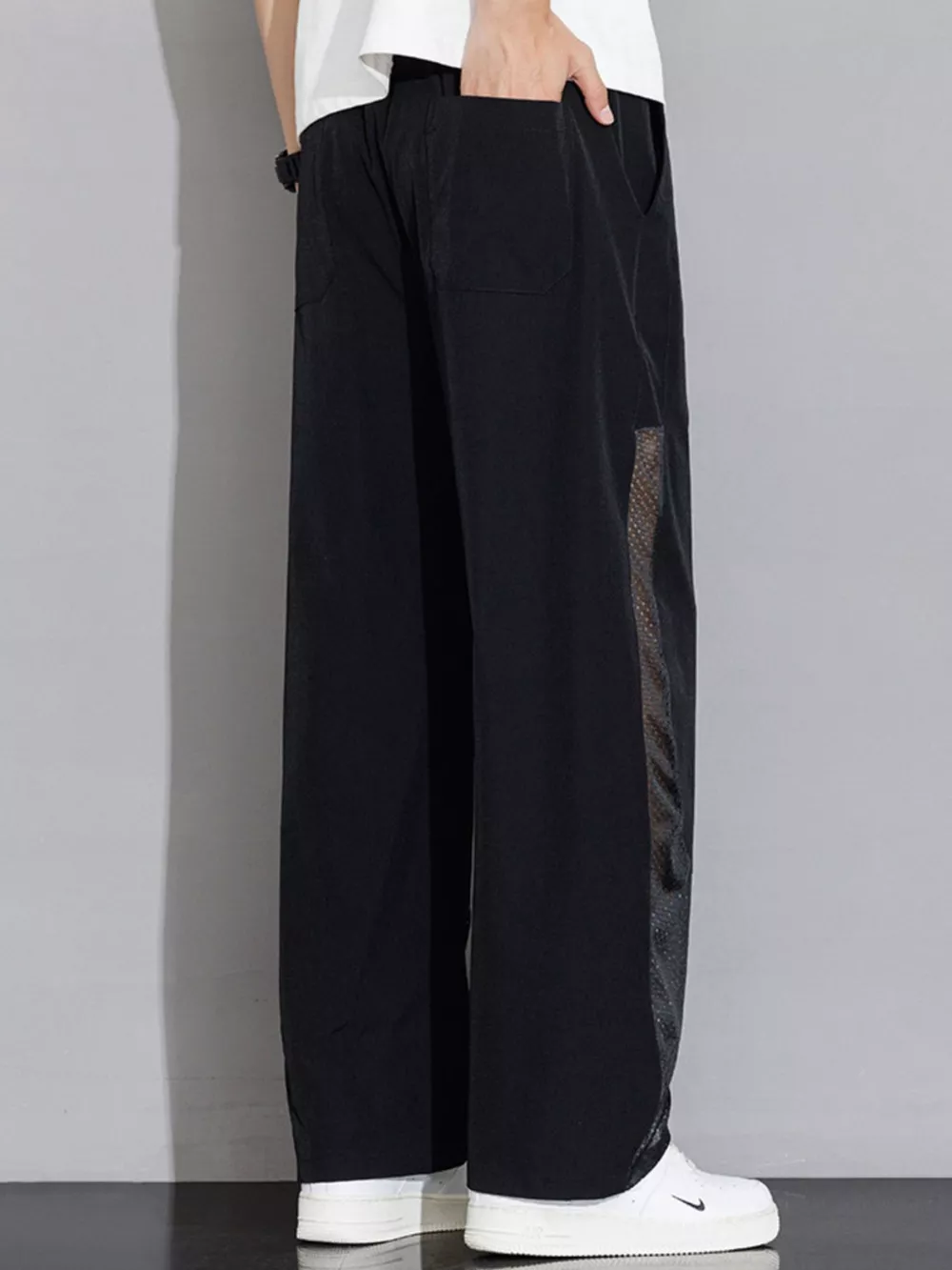 Men's Plus Size Drawstring Wide Leg Mesh Panel Pants, image 5