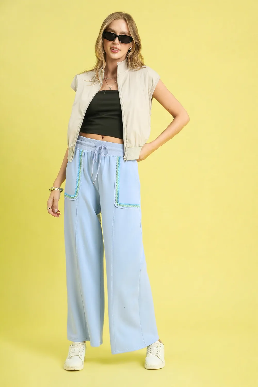 Drawstring Wide Leg Pants with Scallop Trim Detail, image 4